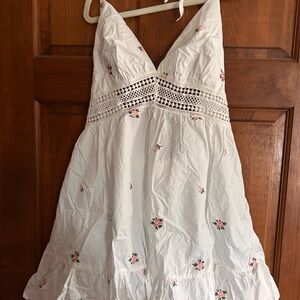 Cider White Mini Dress with Pink Floral Embroidery